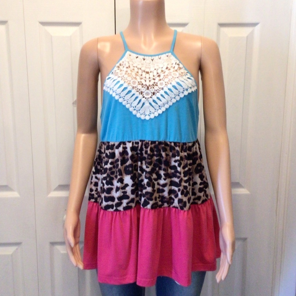Womens Fashion Colorblock Leopard Print Lace Panel Halter Cami Tunic Top Large